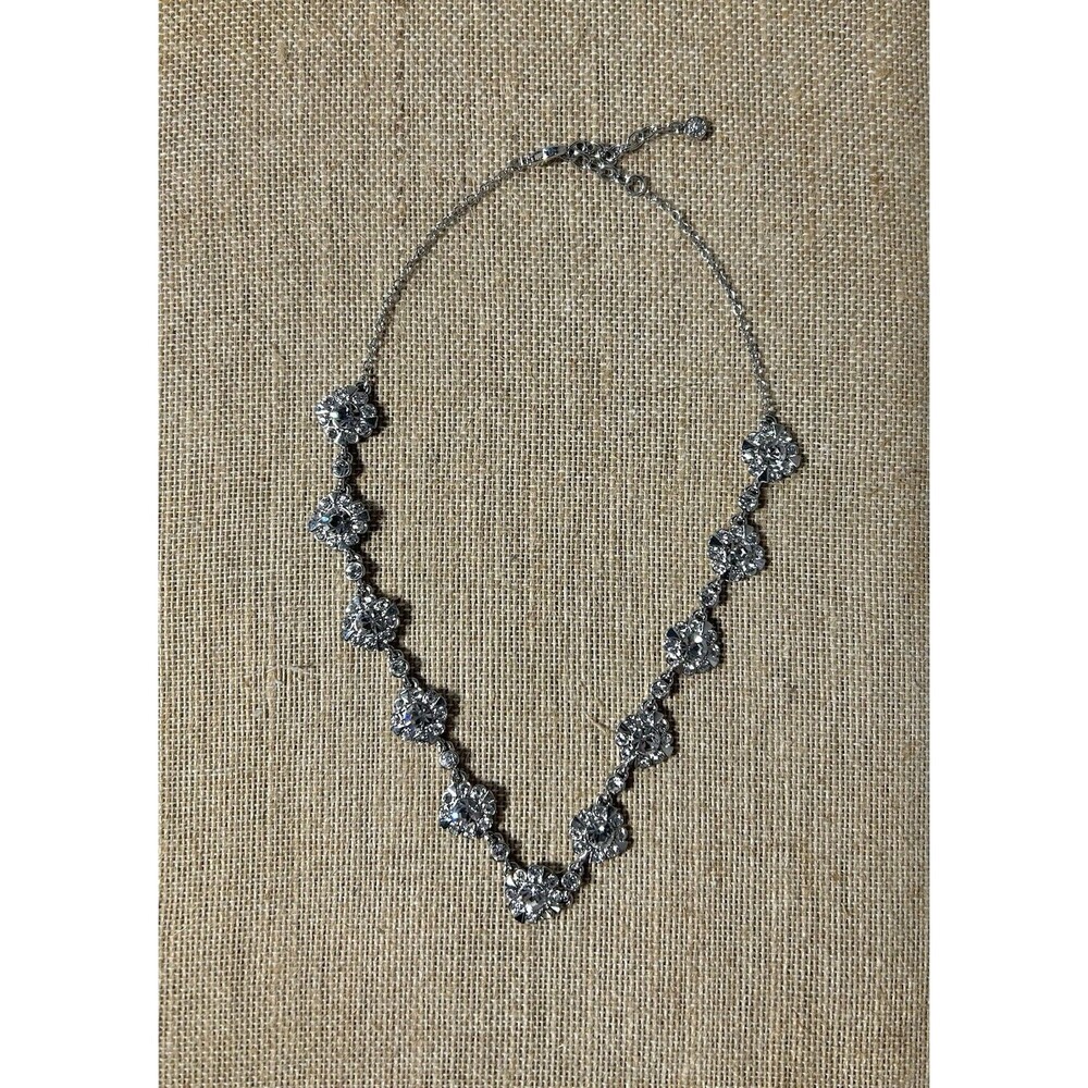 Rhinestone and Silver-Tone Crystal faceted cluster Linked Flower Necklace